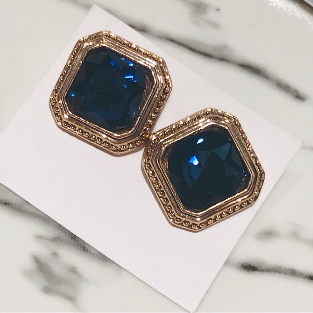 Sapphire Blue Crystal 14k Gold Plated Stud Earring